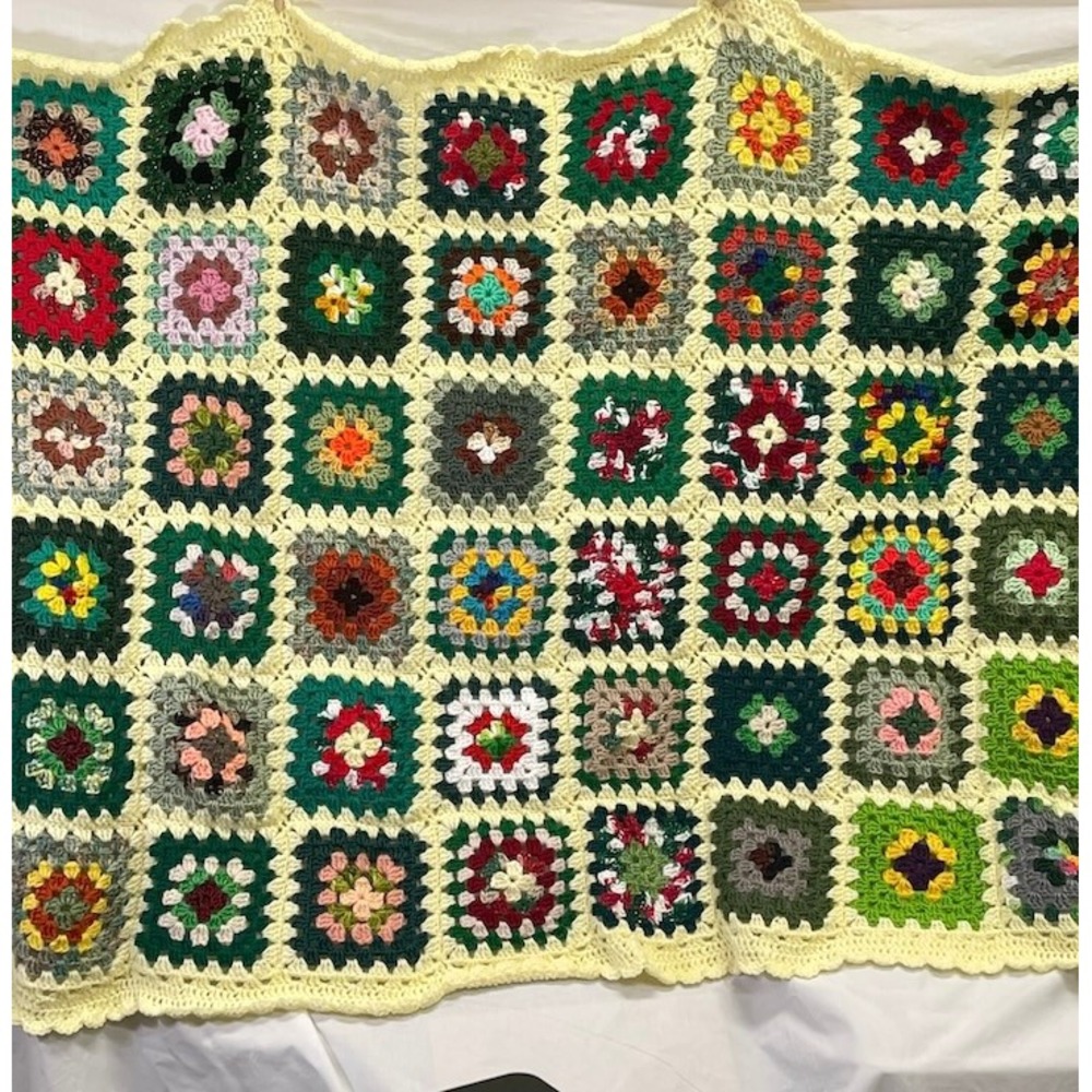 Handmade Granny Square Crochet Blanket Throw Yellow Trim Colorful Boho 72" x 43"